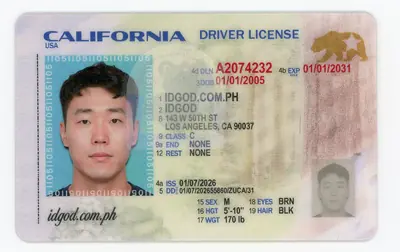 Front view of IDGod New California DMV Polycarbonate Fake ID Fake ID