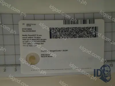 Back view of IDGod Pennsylvania Polycarbonate - Official State Material Fake ID Fake ID