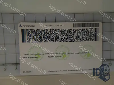 Back view of IDGod Washington Fake ID