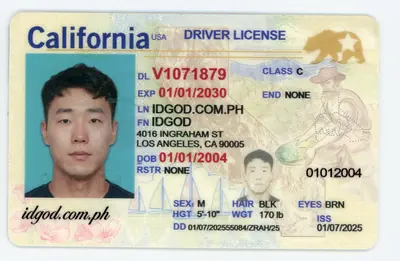 Front view of IDGod California ID Identical DMV Polycarbonate Fake ID