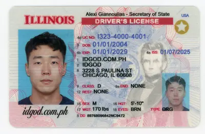 Front view of IDGod Illinois ID Identical DMV Polycarbonate Fake ID
