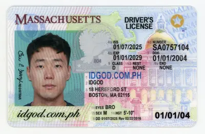 Front view of IDGod Massachusetts ID Identical RMV Polycarbonate Fake ID
