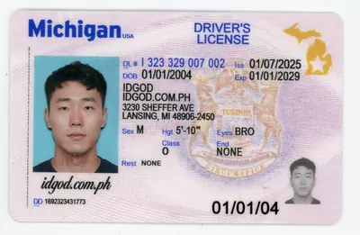 Front view of IDGod Michigan ID Identical DMV Polycarbonate Fake ID