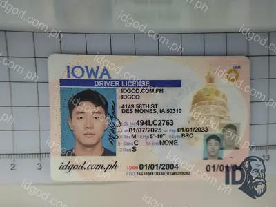 Front view of IDGod Iowa Polycarbonate - Official State Material Fake ID Fake ID