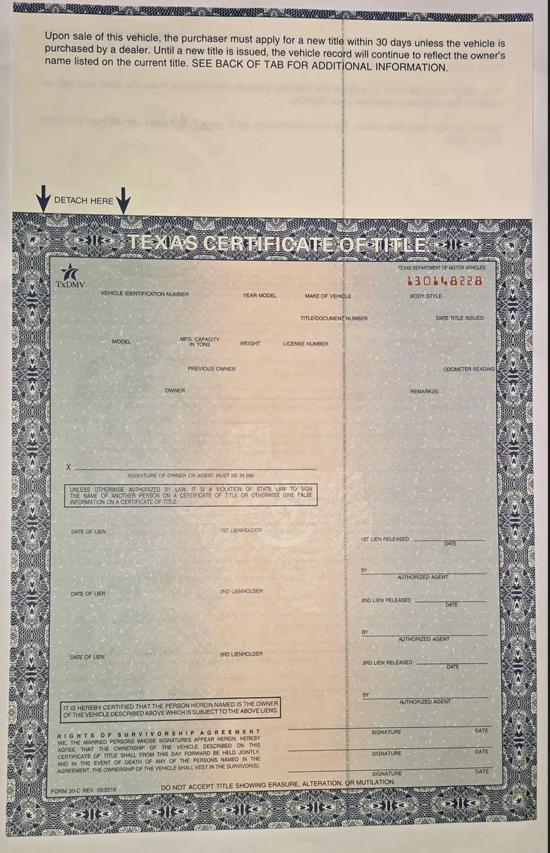 IDGod Texas Car Title Document - Vehicle Ownership Certificate