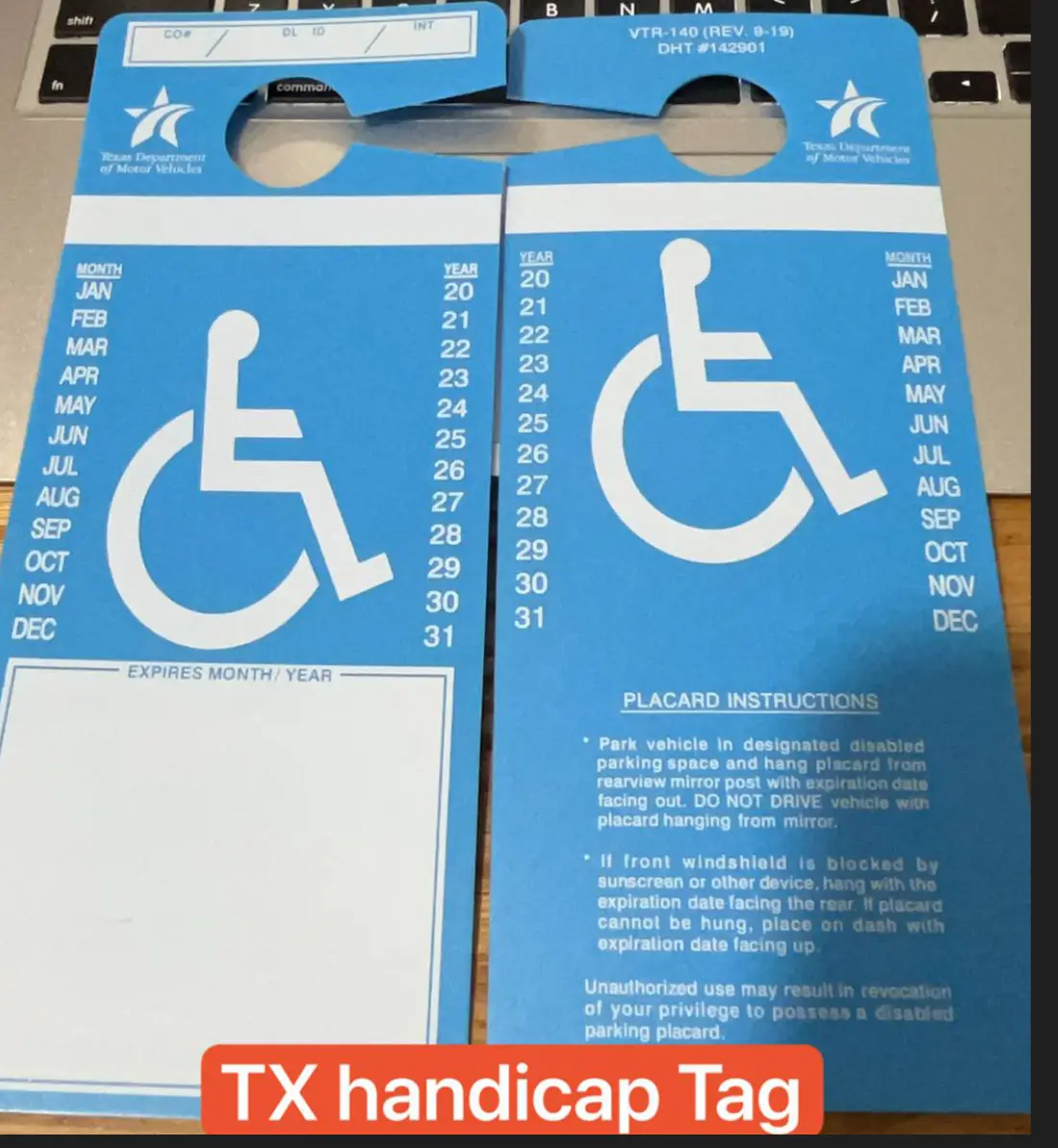 Texas Handicap hanging placard with official design